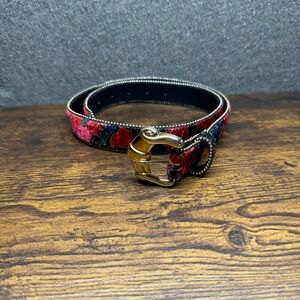 Vintage Floral Velvet Belt Womens Medium Large Red Blue Gold Buckle Studded Trim